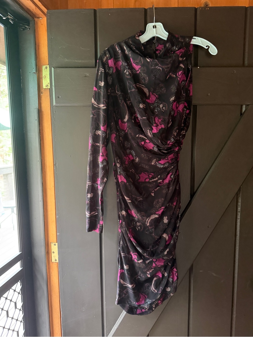 IRO Black & Magenta Asymmetrical Draped Asymmetrical Long-Sleeve Dress